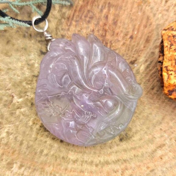 Nature Purple Fluorite Hand Carved Nine Tails Fox Pendant Necklace - Picture 10 of 10